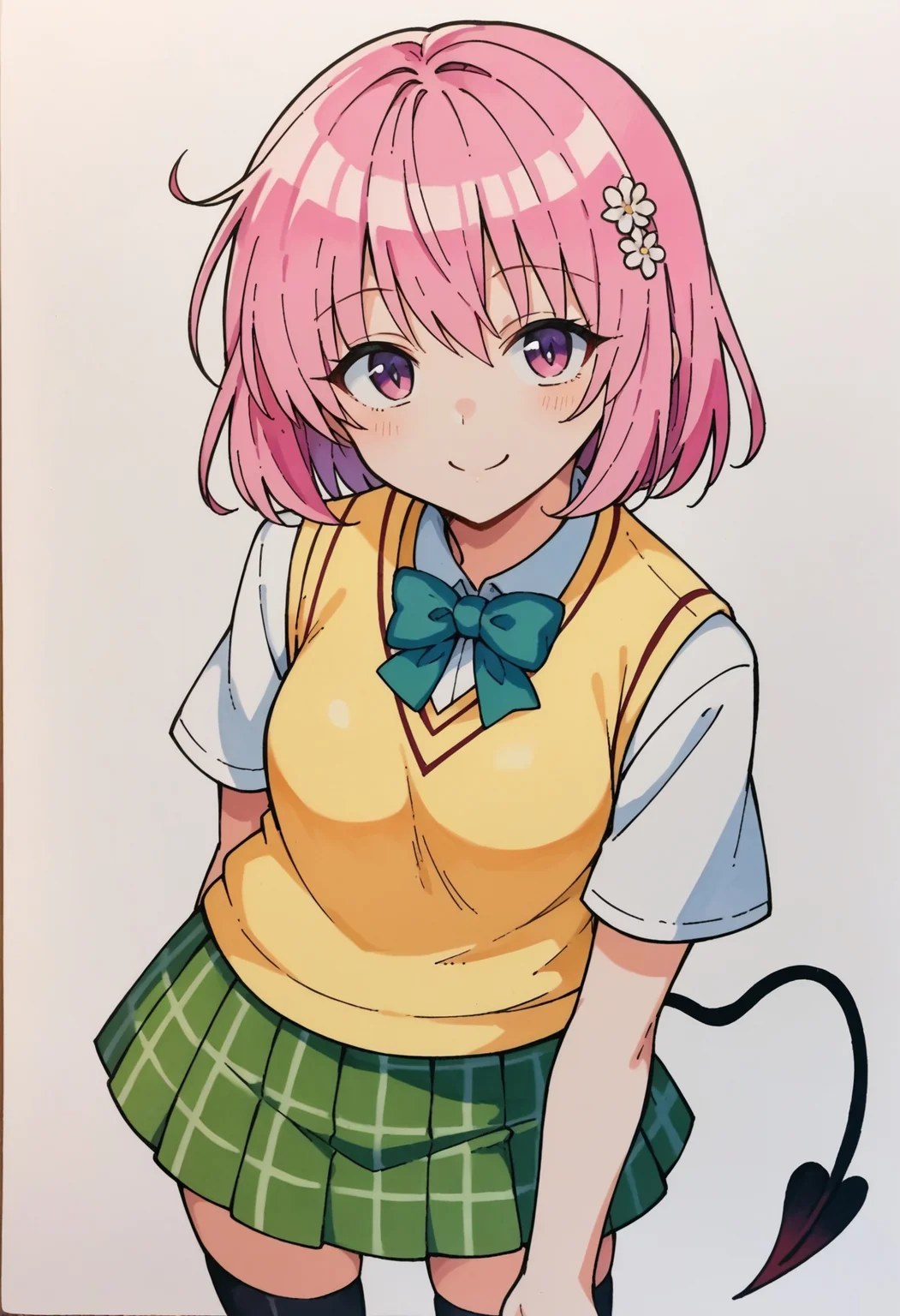 score_9, score_8_up,score_7_up, source_ anime, 1girl, simple background,traditional art, <lora:tlrmomo-pdxl-nvwls-v1:0.8> tlrmomo, pink hair, hair flower, green bowtie, yellow sweater vest, white shirt, short sleeves, green miniskirt, black thighhighs, demon tail, upped body, looking at viewer, smiling, standing,,
<lora:Traditional_art_v4_USENEG:-0.7>