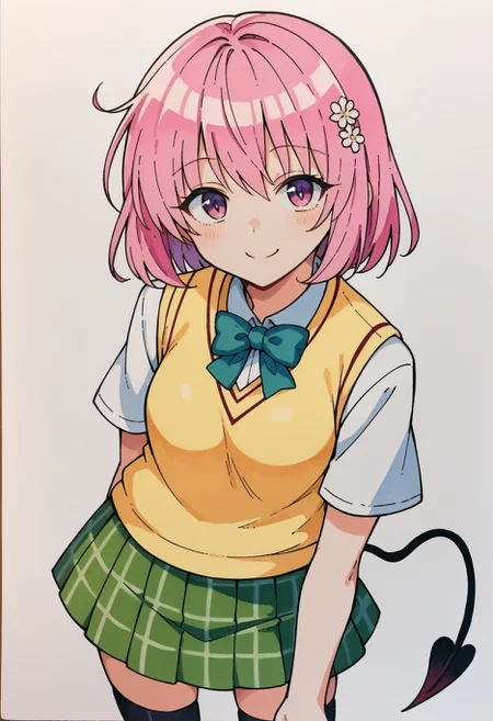 score_9, score_8_up,score_7_up, source_ anime, 1girl, simple background,traditional art, <lora:tlrmomo-pdxl-nvwls-v1:0.8> tlrmomo, pink hair, hair flower, green bowtie, yellow sweater vest, white shirt, short sleeves, green miniskirt, black thighhighs, demon tail, upped body, looking at viewer, smiling, standing,,
<lora:Traditional_art_v4_USENEG:-0.7>