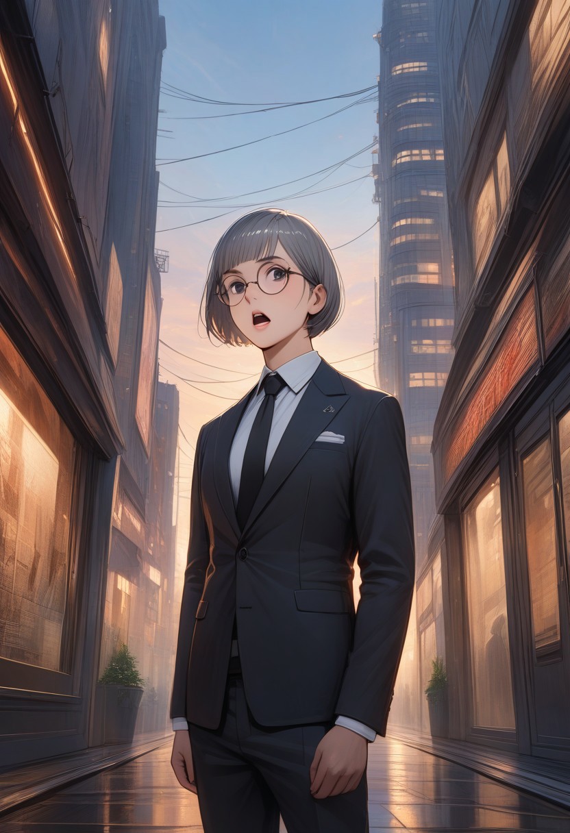 man with bristle, (graphic novel style, dark novel style:1.5),(anime), (masterpiece:1.4), (soft cinematic light:1.1), incredibly lifelike, Extremely high-resolution details, 8k, best quality,extremely detailed, contrast,
high tech design, fullbody, 
 gallery of contemporary art, inside, portrait old woman against the backdrop of a giant floor-to-ceiling window, through which one can see a city landscape with skyscrapers and a sunset , open mouth, 
man in a classic black suit 
white shirt and black tie keeps his hand on his jacket, black loafers, (((gray ((short)) bob hair))), [Nordic], round glasses, round black eyes, thin lips, sharp chin, diamond long face, gray sideburns, small ears, thick gray eyebrows, sunken cheeks, (bristle)),