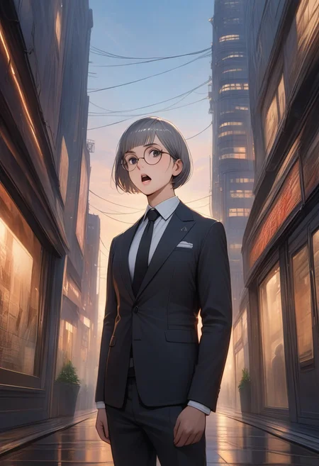 man with bristle, (graphic novel style, dark novel style:1.5),(anime), (masterpiece:1.4), (soft cinematic light:1.1), incredibly lifelike, Extremely high-resolution details, 8k, best quality,extremely detailed, contrast,
high tech design, fullbody, 
 gallery of contemporary art, inside, portrait old woman against the backdrop of a giant floor-to-ceiling window, through which one can see a city landscape with skyscrapers and a sunset , open mouth, 
man in a classic black suit 
white shirt and black tie keeps his hand on his jacket, black loafers, (((gray ((short)) bob hair))), [Nordic], round glasses, round black eyes, thin lips, sharp chin, diamond long face, gray sideburns, small ears, thick gray eyebrows, sunken cheeks, (bristle)),