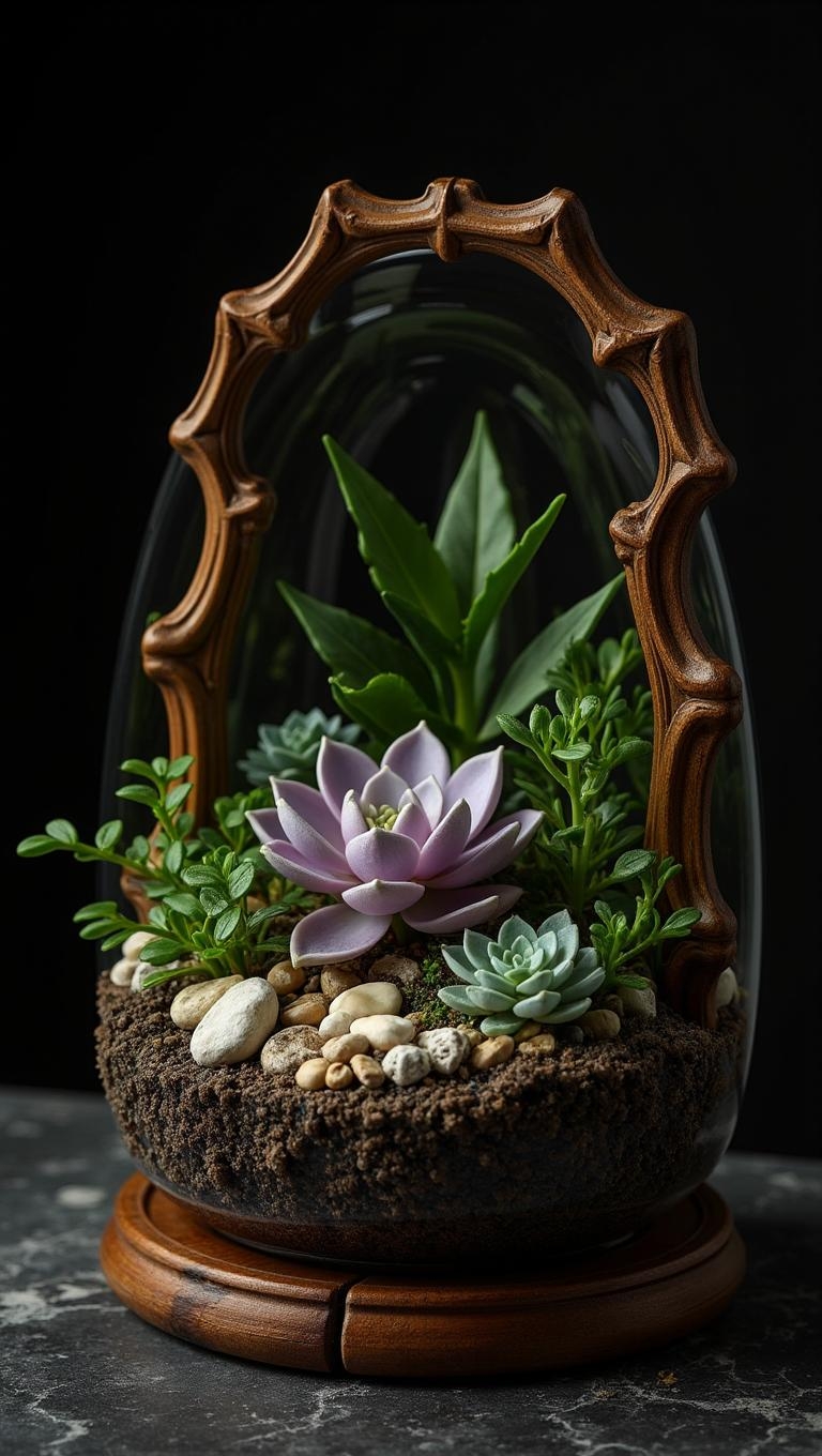 <lora:ck-plastic-models.safetensors:1> a diorama of a plastic model kit featuring
A stunning terrarium scene, set against a dark background, showcases an intricate arrangement of succulents, pebbles, and soil. A lavender echeveria takes center stage, surrounded by contrasting flora and fauna, all within a robust, elegantly crafted wooden frame that complements the earthy tones. Finely detailed greenery adds a photographic quality, capturing the serene beauty of nature in a confined space.
