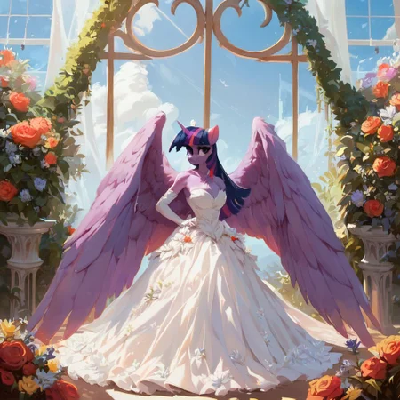 score_9, score_8_up, score_7_up, score_6_up, Twilight Sparkle, anthro, solo, high detail, wedding dress, next to a window, royal chambers, OverallDetail, wide hips, flowers, huge wings