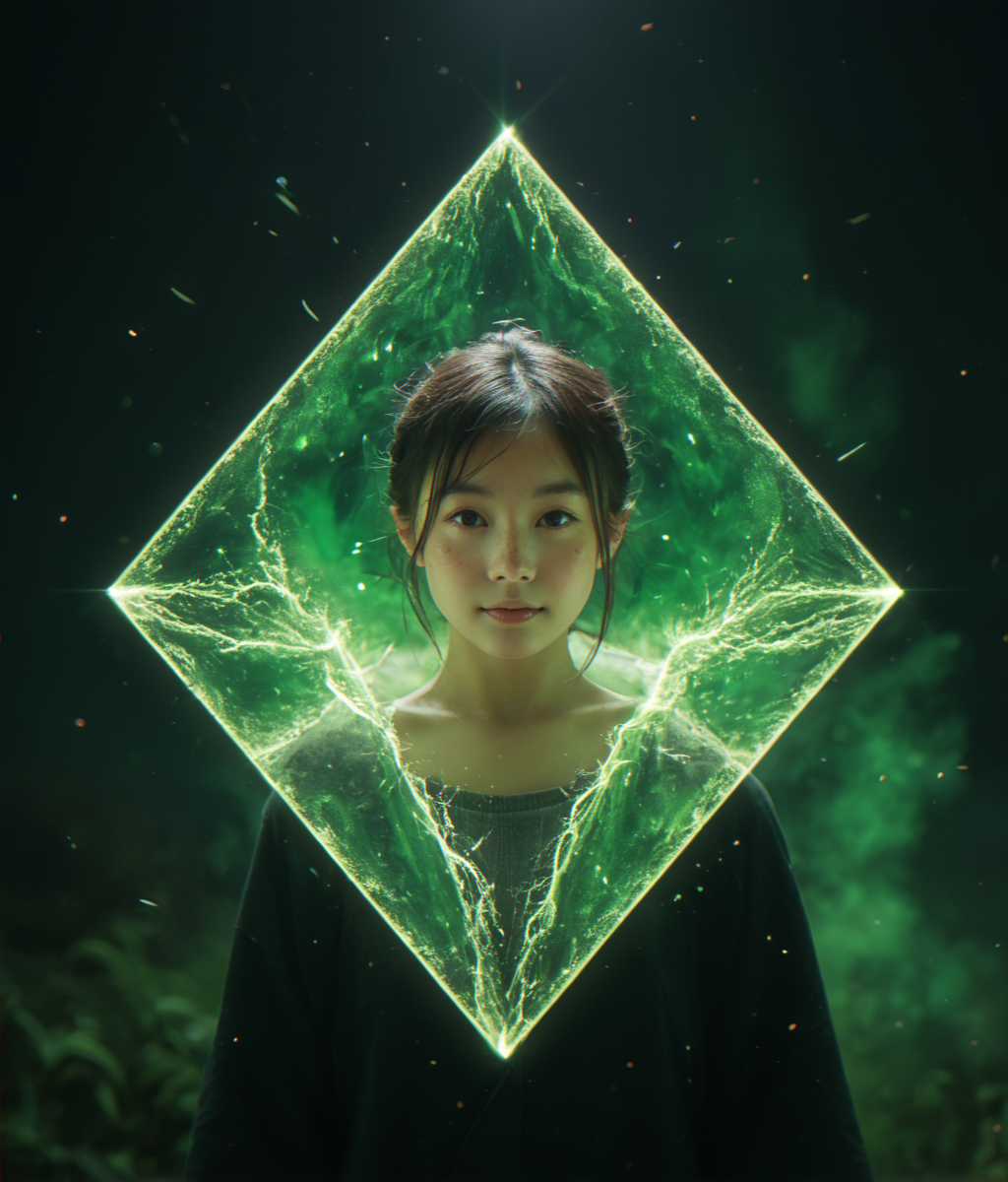 (score_9,score_8_up,score_7_up),
photorealistic, photography, depth of field, immersive lighting, cinematic,
Japanese, asian, monolid, looking at viewer,
sparks green smoke, green theme, magic,