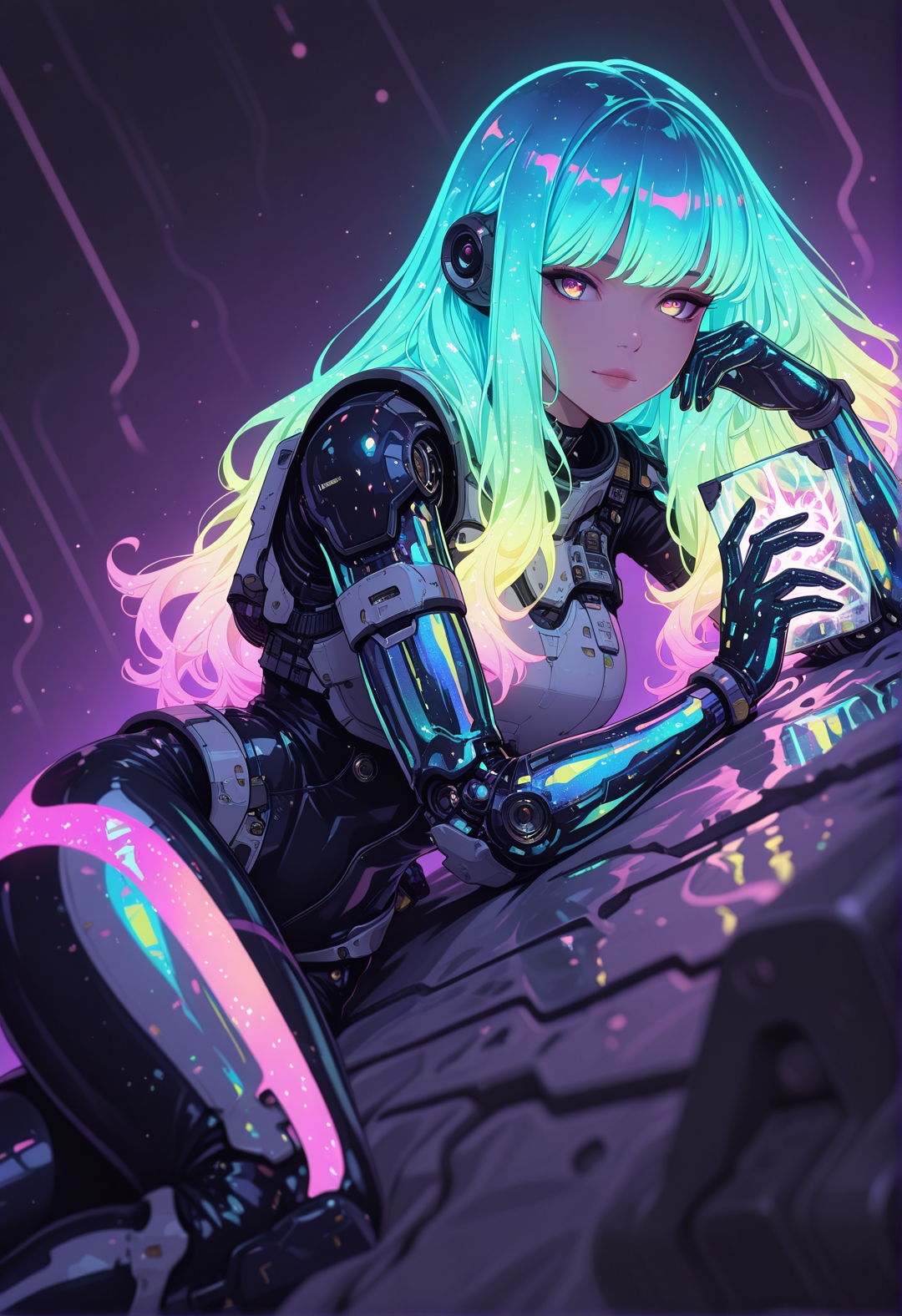 <lora:ck-shadow-circuit-IL:0.78>,
masterpiece, best quality, good quality, very aesthetic, absurdres, newest, 8K, depth of field, focused subject,
dynamic angle, dutch angle, wabi sabi, 1girl, holographic skin, holofoil glitter, faint, glowing, ethereal, neon hair, glowing hair, long hair, looking at viewer, relaxing, sci-fi
<lora:MoriiMee_Gothic_Niji_Style_Illustrious_r1:0.45>
<lora:ck-nc-cyberpunk-IL-000011:0.4>
<lora:ck-neon-retrowave-IL:0.8>