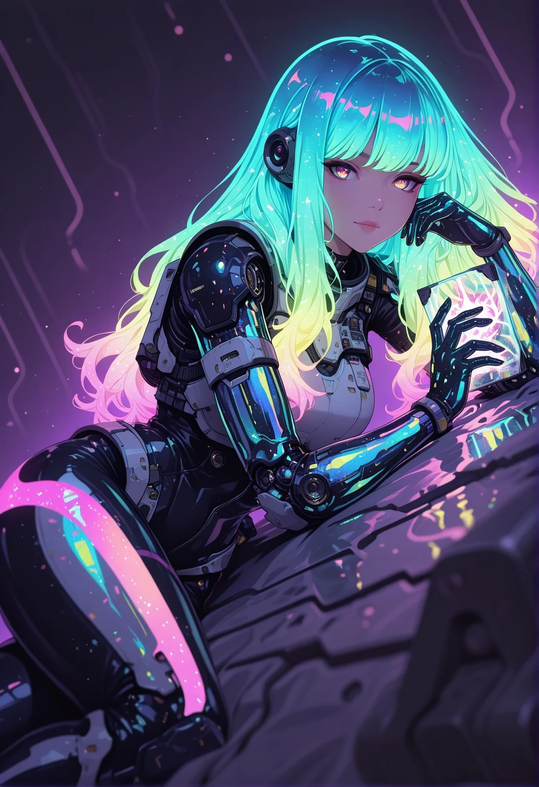 <lora:ck-shadow-circuit-IL:0.78>,
masterpiece, best quality, good quality, very aesthetic, absurdres, newest, 8K, depth of field, focused subject,
dynamic angle, dutch angle, wabi sabi, 1girl, holographic skin, holofoil glitter, faint, glowing, ethereal, neon hair, glowing hair, long hair, looking at viewer, relaxing, sci-fi
<lora:MoriiMee_Gothic_Niji_Style_Illustrious_r1:0.45>
<lora:ck-nc-cyberpunk-IL-000011:0.4>
<lora:ck-neon-retrowave-IL:0.8>