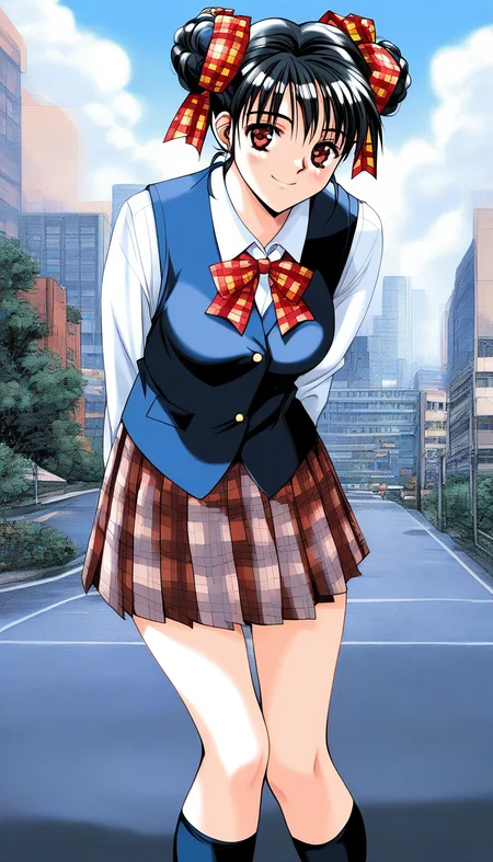 score_9, score_8_up, score_7_up, source_anime, rating_explicit, BREAK  <lora:Narusawa_Yui_XL:1> NarusawaYui, black hair, double bun, hair ribbon, plaid ribbon, medium breasts, red eyes, 
1girl, looking at viewer, school uniform, long sleeves, vest, pleated skirt, plaid skirt, socks, loafers, cowboy_shot, smile, city, leaning_forward, arms_behind_back,