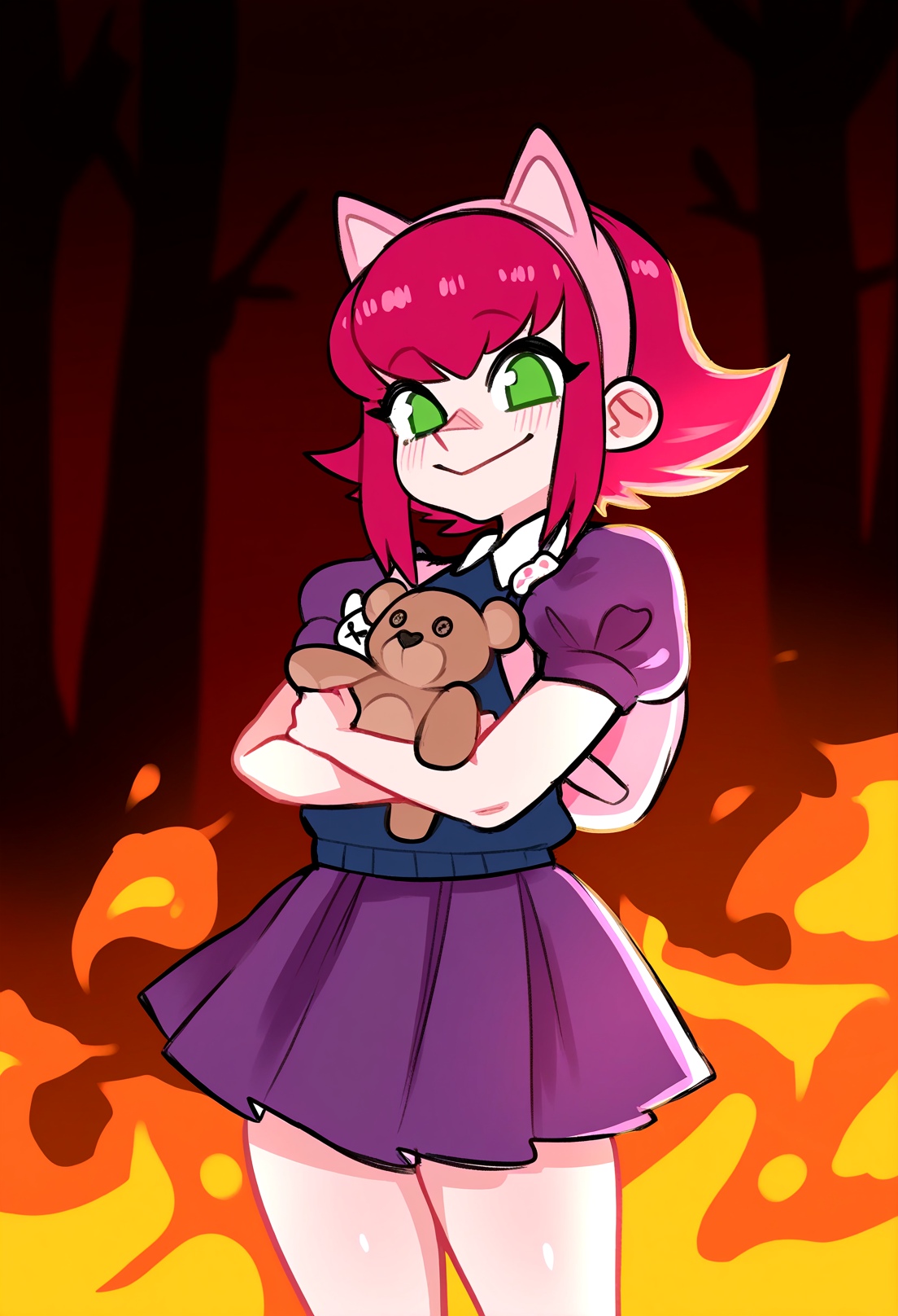 annie \(league of legends\), solo,  masterpiece, detailed background, best quality, high quality, good quality, newest, scenery, volumetric lighting,
(whoopsatro:0.4),kikurage_\(crayon_arts\),nanjou asuka,ilwha,1girl, solo, looking at viewer, smile, short hair,  skirt, animal ears, green eyes, purple hair, short sleeves, pleated skirt, hairband, puffy sleeves, cat ears, puffy short sleeves, fake animal ears, stuffed toy, stuffed animal, fire, teddy bear,  petite, small head,