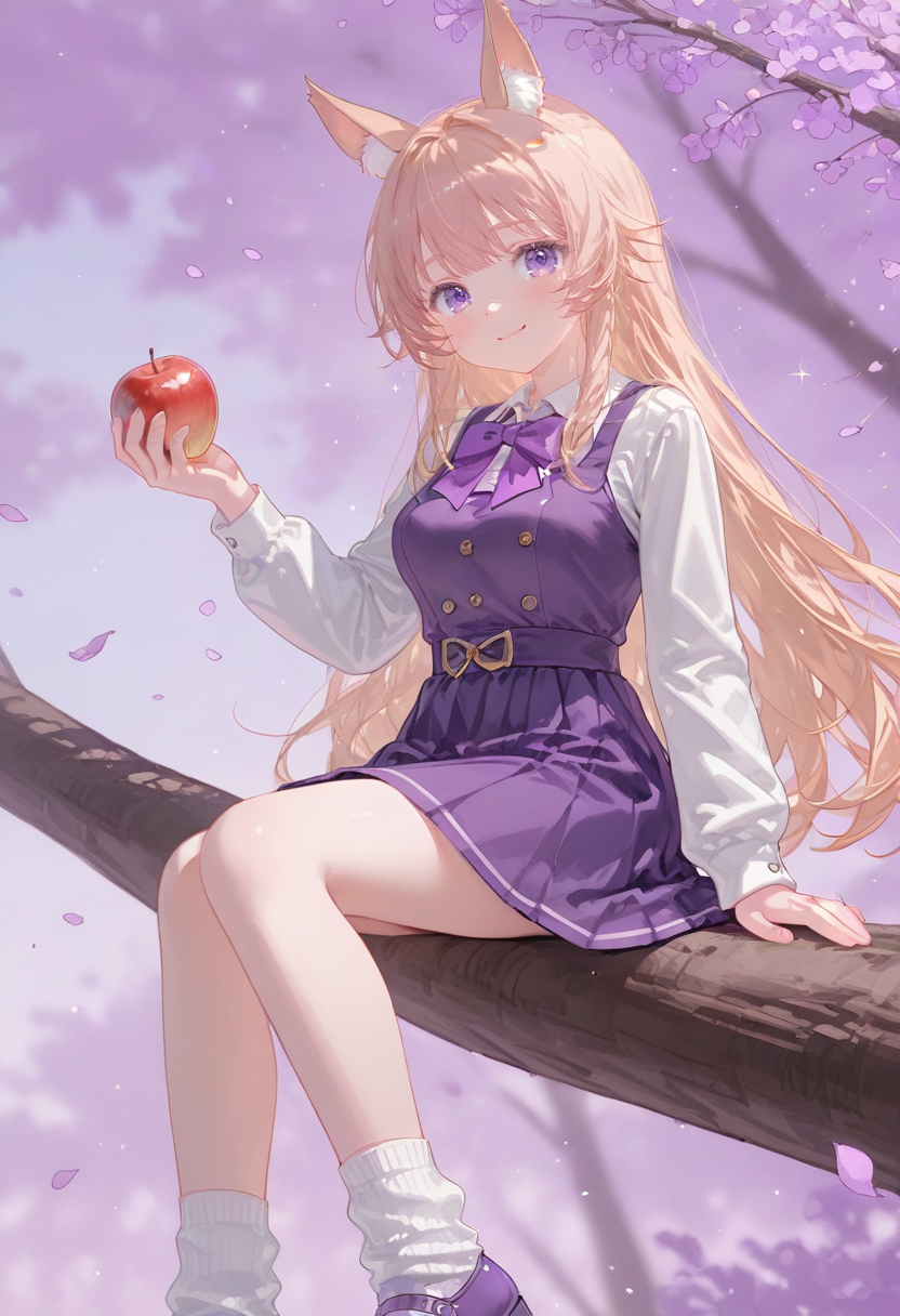 1girl,erica tamamo,indie virtual youtuber,animal ear fluff,animal ears,apple,blonde hair,blurry,blurry background,bow,breasts,buttons,closed mouth,dress,falling leaves,food,fruit,holding,holding food,holding fruit,horse ears,horse girl,leaf,long hair,loose socks,pinafore dress,purple bow,purple dress,purple eyes,purple footwear,purple hair,shirt,sitting on branch,sleeveless,sleeveless dress,smile,socks,solo,sparkle,virtual youtuber,white shirt,white socks,long sleeves,purple theme,collared shirt,tree,sitting,shoes,medium breasts,looking at viewer,sidelock <lora:CunnyFunkyXL_NB11_lokr_V6311P:0.95>