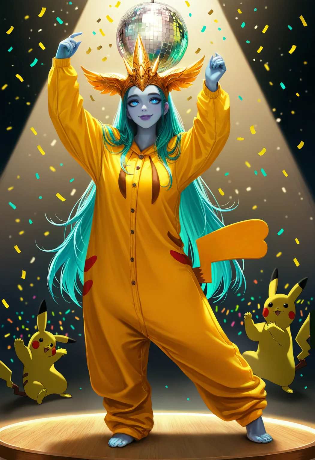 safe, masterpiece, very aesthetic, 1girl, dwayna, colored skin, pikachu onesie, dancing, party, confetti, disco ball, spotlight
<lora:Dwayna-GuildWars_NAIXL_v10:0.5>