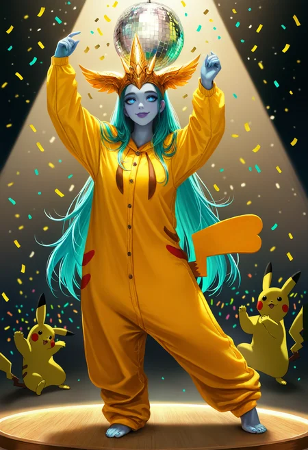 safe, masterpiece, very aesthetic, 1girl, dwayna, colored skin, pikachu onesie, dancing, party, confetti, disco ball, spotlight
<lora:Dwayna-GuildWars_NAIXL_v10:0.5>