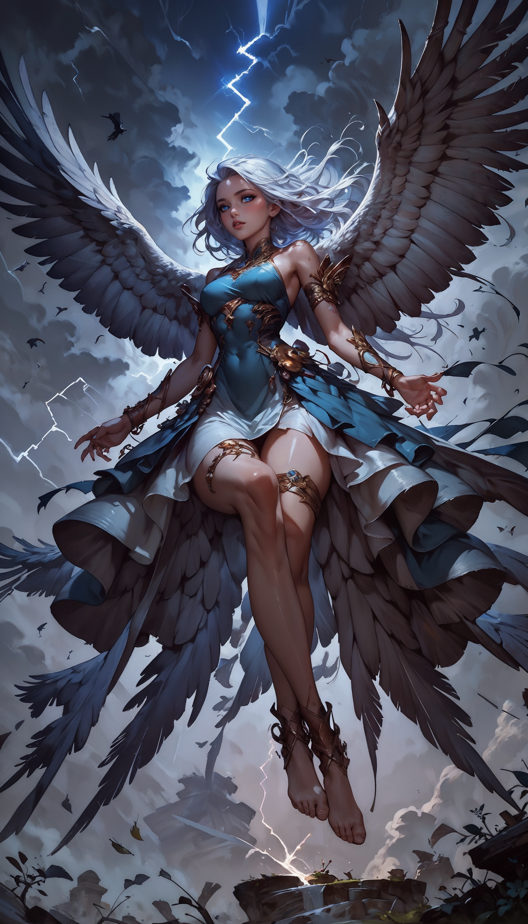 score_9, score_8_up, score_7_up,  1 girl, monster girl, bird girl, feathered wings, lightning aura, hovering among the clouds, air, gold jewelry, thigh strap, shiny skin, blush, beautiful face, blue eyes, white hair, floating hair, gentle breeze, white skin, crossed legs, blue sexy sheer dress, dutch angle, bottomless, pink fingernails, moonlight, stormlight, green leaves, flying leaves, lightning, wind, swirling wind currents, lightning bird,  <lora:Expressive_H-000001:0.8>, expressiveH    <lora:Fant5yP0ny:0.9>  <lora:Pony_DetailV1.0:0.9> <lora:Concept Art DarkSide Style LoRA_Pony XL v6:0.8> concept art,
