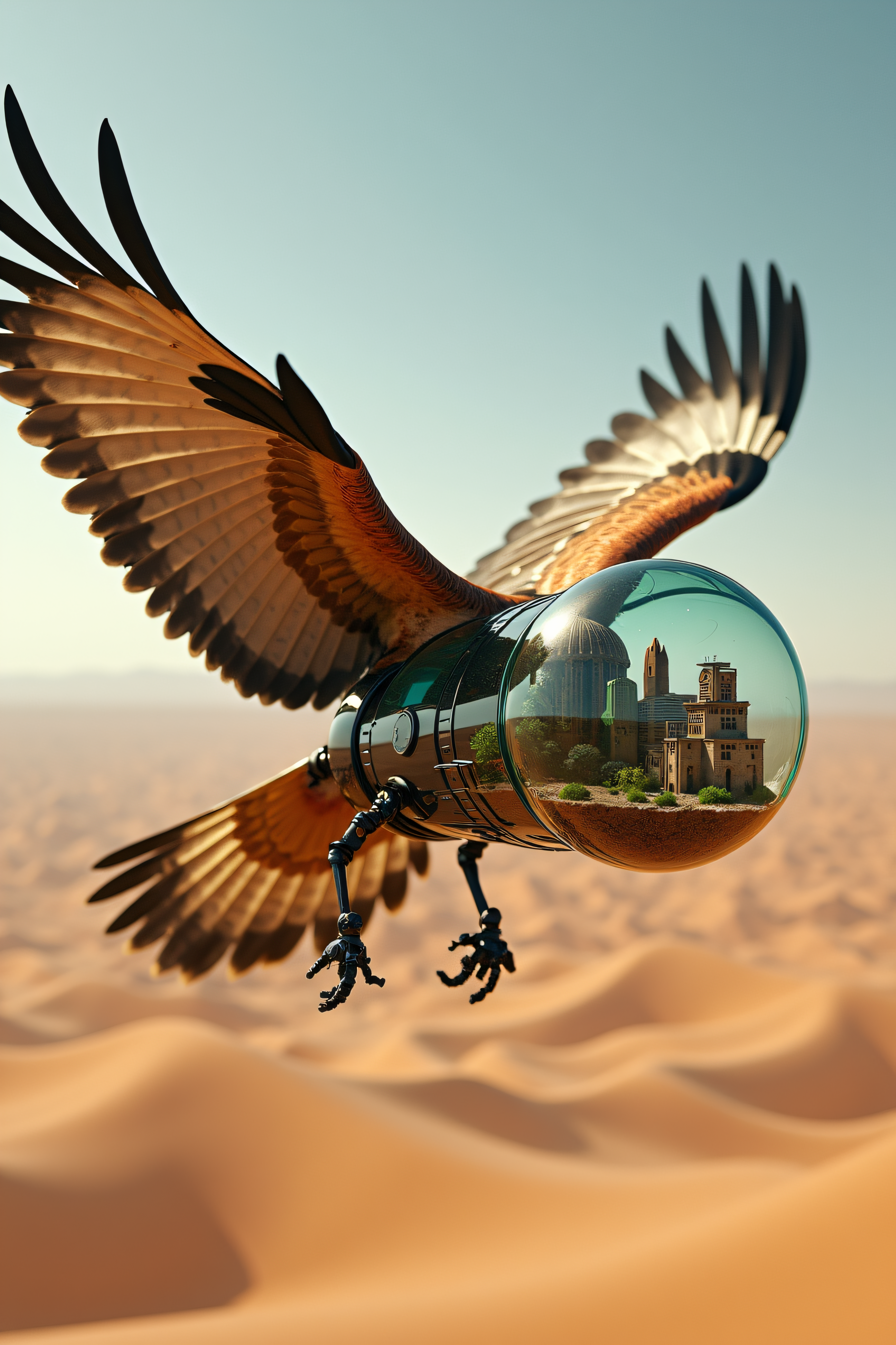 national geographic photography of a hawk flying over a desert, he transport a glass terrarium with a miniture city in his belly, realistic, mechanical vegetal cyborg, futuristic robot organisms, steampunk robot ariel animals, steampunk animal, dangerous atmosphere