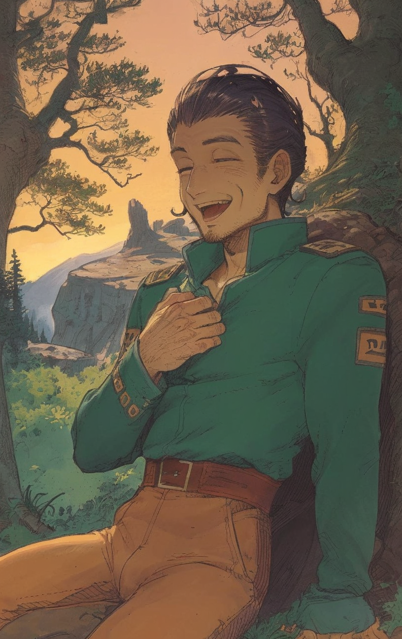 artwork <lora:Moebius:1>, outdoor at evening, 1man 35yo (Jonas Hueber:1.3), Pompadour hair do a laugh, woodland, plateau