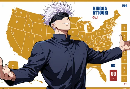 masterpiece, best quality, map, united states, outstretched arms, upper body, yellow background, white background, english text, <lora:JebWinsMeme_illusXL_Incrs_v1:1>, 1boy, looking up, seductive smile, gojou satoru, blindfold,