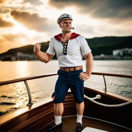 Popeye1024, a sailor, full body, on a boat, highly detailed, photography, ultra sharp, film, bokeh, professional, 4k <lora:add-detail-xl:1.5> <lora:Popeye1024:0.8>