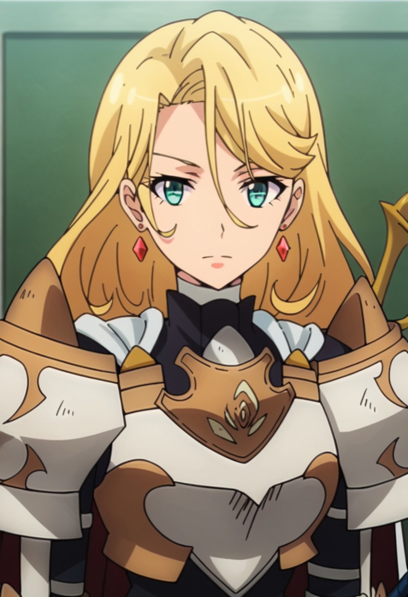 score_9, score_8, score_7, source_anime, rose knight armor, 1girl, 
solo, long hair, upper body, earrings, jewelry, blonde hair, sword, looking at viewer, holding weapon