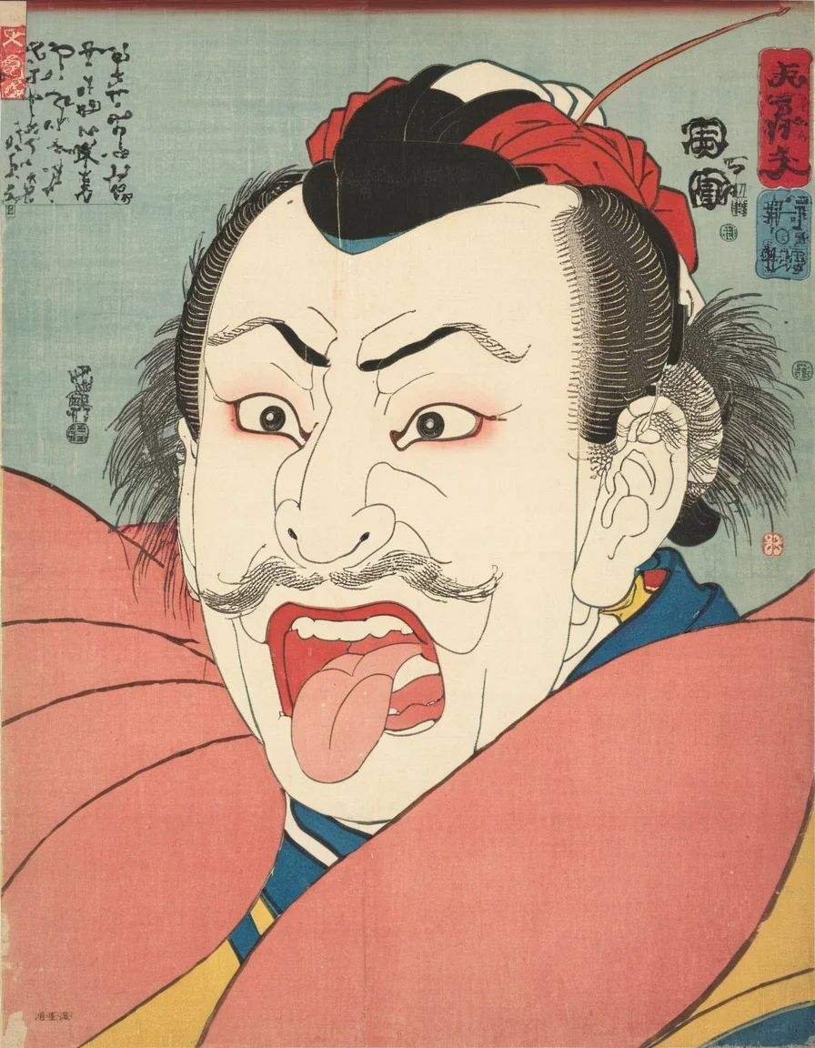 <lora:UtagawaKuniyoshiXL_v1:1> UtagawaKuniyoshiXL, a man sticking his tongue out