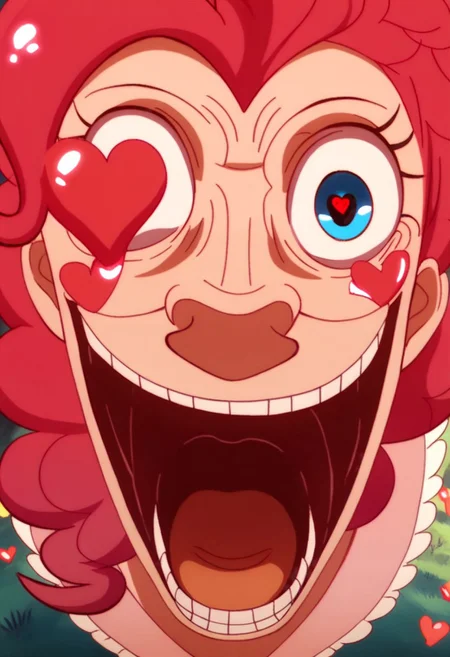 score_9, score_8_up, score_7_up, BREAK, my little pony, Pinkie Pie, a pink earth pony with blue eyes, outdoors, daylight, insanity-angle, expressionless face, show accurate, SanijSimpface, heart shaped eyes, eye-pop-out, popping eyes, eye popping out, tonque out,