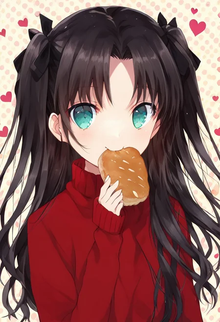 score_9, score_8_up, score_8, score_7_up, 
1girl, solo, ChopioTohsakaRin, black hair, long hair, two side up, parted bangs, hair ribbon, aqua eyes, looking at viewer, outfit_2, red sweater, turtleneck, cross, long sleeves, black skirt, pleated skirt, zettai ryouiki, black thighhighs, polka dots background, smile, eating, bread, loaf, eating, close shot, cute girl, looking at viewer,
cute, kawaii, hearts,