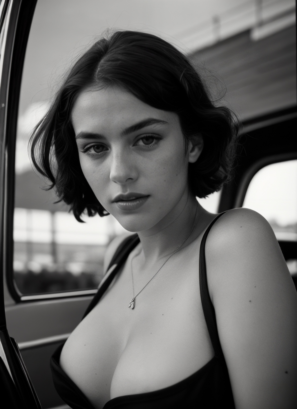 black and white closeup photo of french model, in vintage car, in the style of 1940 photography, messy black hair