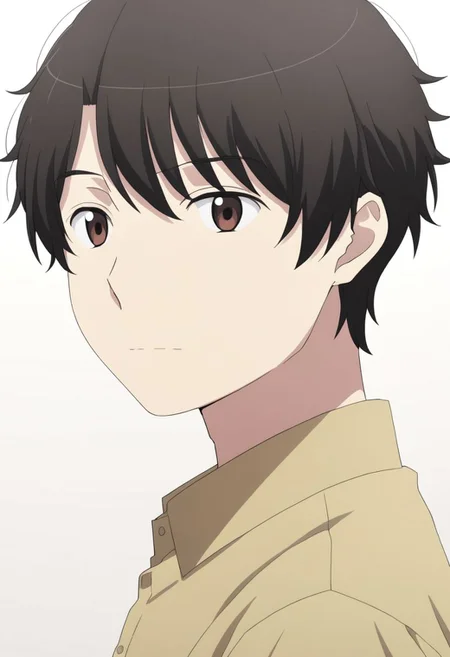 high resolution, solo, best quality, 1Boy, Inaho Kaizuka, Black Hair, Brown Eyes, potrait, dark shirt, looking at viewer, focused gaze forward, simple background, straight body, upper body, head upright, happiness, OverallDetail