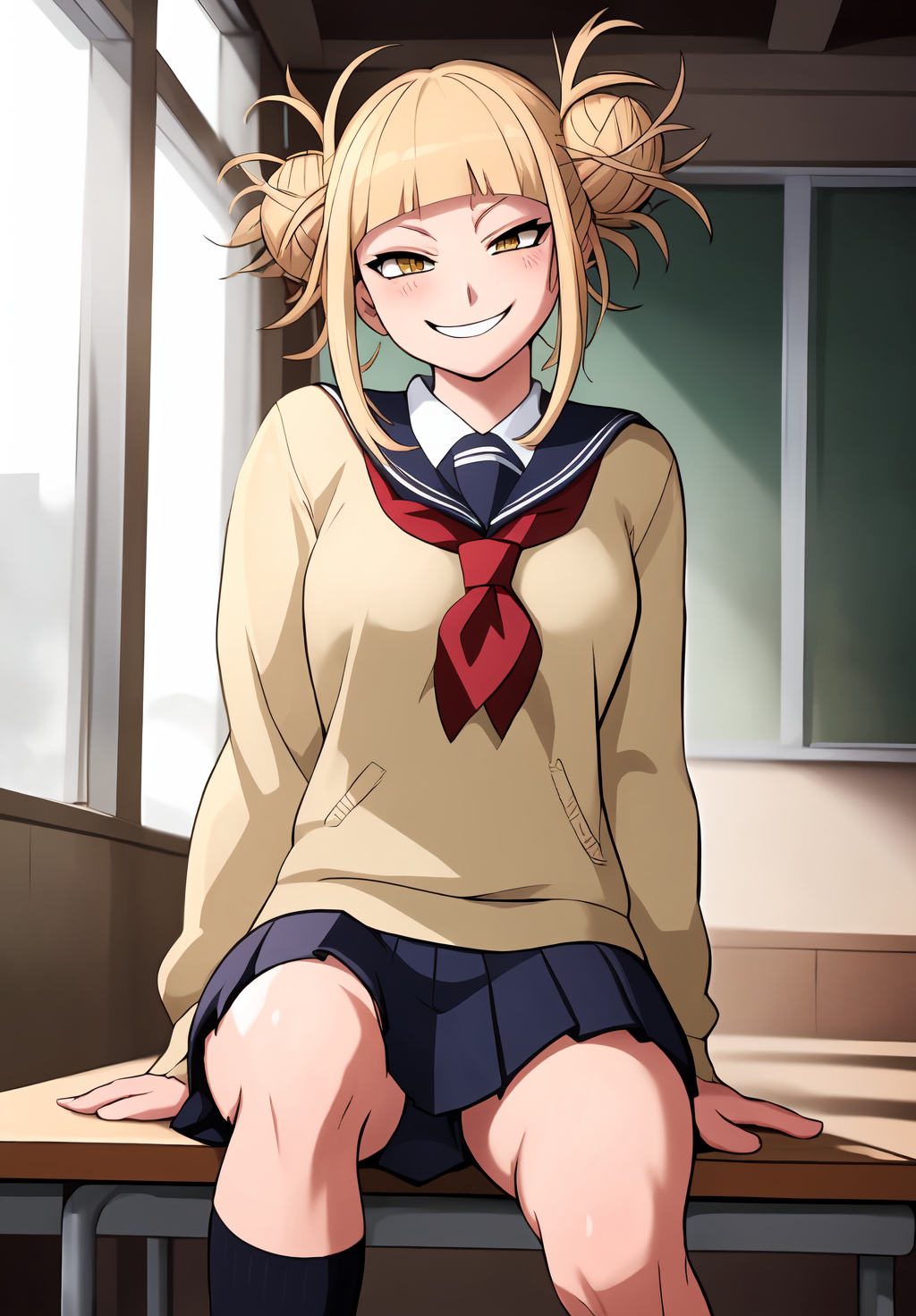 <lora:himiko_toga:0.8>, himiko_toga, (masterpiece, best quality,perfect lighting), 1girl, solo, smirk, sitting, school uniform,