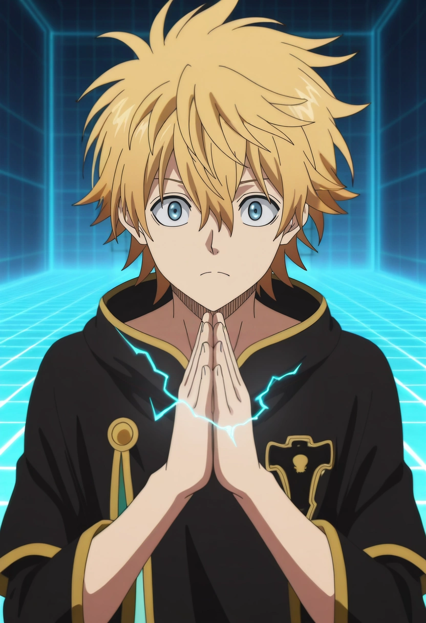 masterpiece, best quality, , anime screencap, , official style, , 1boy, solo, male focus, <lora:luck_voltia_ilxl:1>, luck_voltia, blonde hair, blue eyes, short hair, hair between eyes, electricity, , cyber temple, data altars, virtual shrines, code paths, praying pose, reverent expression, grid lighting,