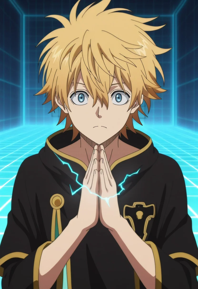masterpiece, best quality, , anime screencap, , official style, , 1boy, solo, male focus, <lora:luck_voltia_ilxl:1>, luck_voltia, blonde hair, blue eyes, short hair, hair between eyes, electricity, , cyber temple, data altars, virtual shrines, code paths, praying pose, reverent expression, grid lighting,