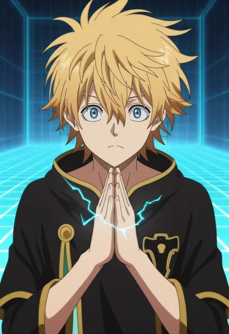 masterpiece, best quality, , anime screencap, , official style, , 1boy, solo, male focus, <lora:luck_voltia_ilxl:1>, luck_voltia, blonde hair, blue eyes, short hair, hair between eyes, electricity, , cyber temple, data altars, virtual shrines, code paths, praying pose, reverent expression, grid lighting,