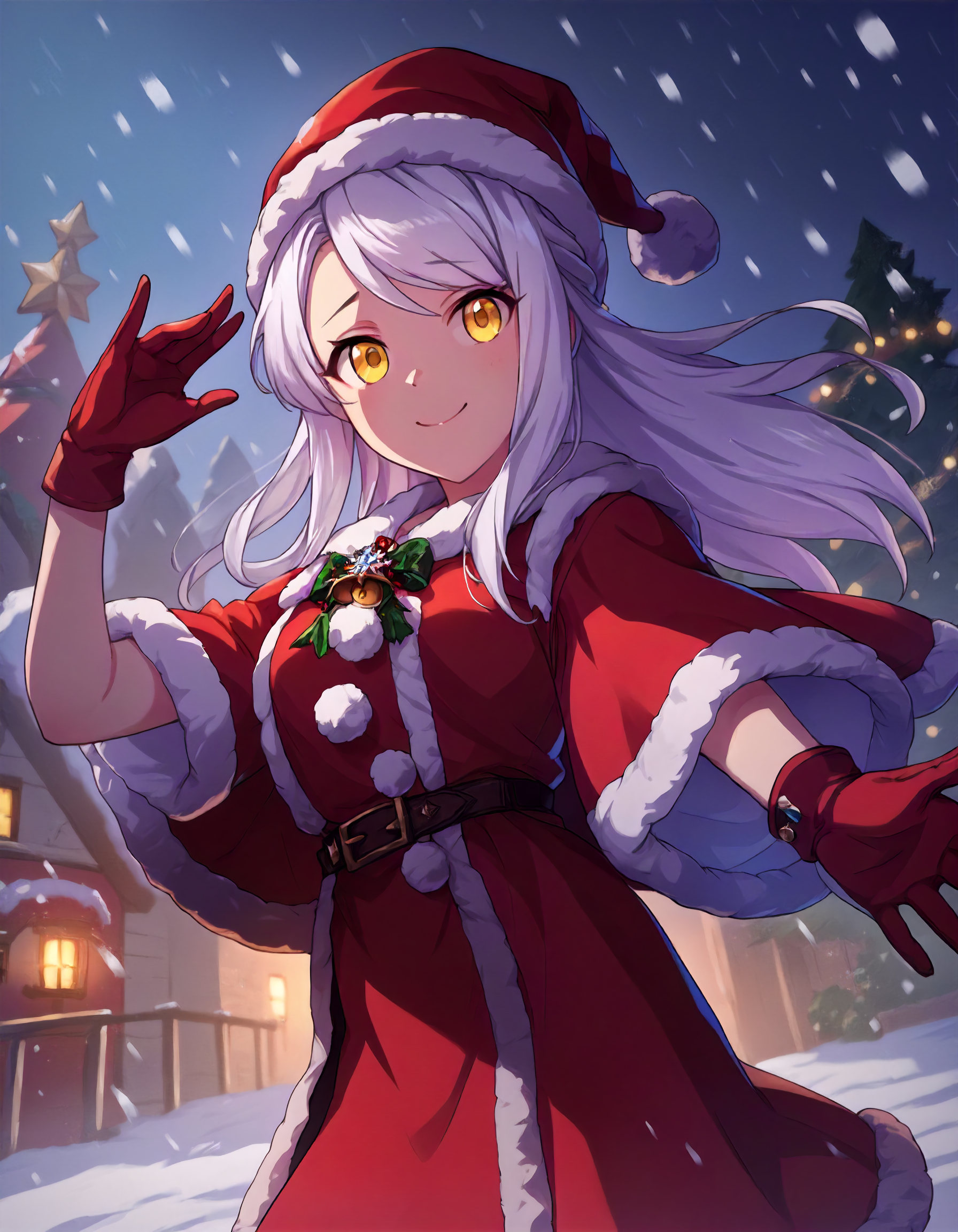 score_9,score_8_up,score_7_up,1girl,solo,cowboy shot,looking at viewer,smile,closed mouth,snowing,
<lora:evesantaclaus_ponyXLV6:0.8>,cgeve,
white hair,long hair,yellow eyes,
santa costume,hat,red dress,gloves