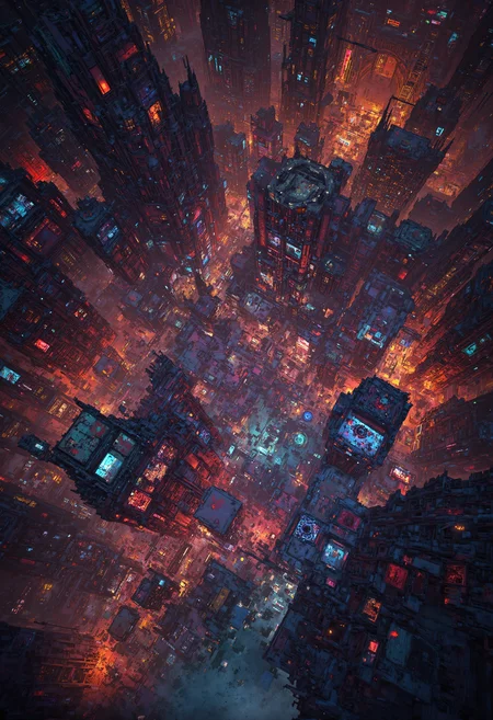 Bird's-eye view, ancient cyberpunk settlement, cyberpunk and gothic fusion. Intricate spatial composition, geometric planning, strategic shapes. Buildings that are fusions of gothic cathedrals and futuristic skyscrapers. Clustered gothic cyberpunk structures, neon lights, and bold gargoyle sculptures. Atmospheric interplay, ambient light, dynamic shadow, rich hues. Detailed architectural nuances, mosaic-like pathways, designed streets. Steampunk artifacts, monumental architectural details. Technical quality 8k, masterpiece, hyper-detailed imagery, intricate design, evocative textures, red and blue neon lighting, timeless narrative. <lora:JJsCyberPunkCity_Flux:0.6> <lora:VividlySurrealOrigin:0.4> <lora:42lux-UltimateAtHome-flux-highresfix:0.25>