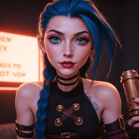 , score_9, score_8_up, score_7_up, high quality, best quality, highly detailed, 1girl, PONY\ffacedetailxl, PONY\zPDXL3, g0thicPXL, glowing, neon, Expressiveh, crop top, sleeve, armbands, purple striped pants, gloves, gun, belt, 1girl, j1nx, blue hair, pale skin, chocker, blue eyes, long blue twin pigtails, tattoo, <lora:XL\Art Style\Disney Princess V2:1.0>, <lora:XL\Character\JinxPDXL:0.8>, <lora:XL\Art Style\IncaseLycoXL:0.5>, <lora:XL\Art Style\ExpressiveH:0.5>, <lora:XL\Art Style\Gothic_Neon_Style:0.4>