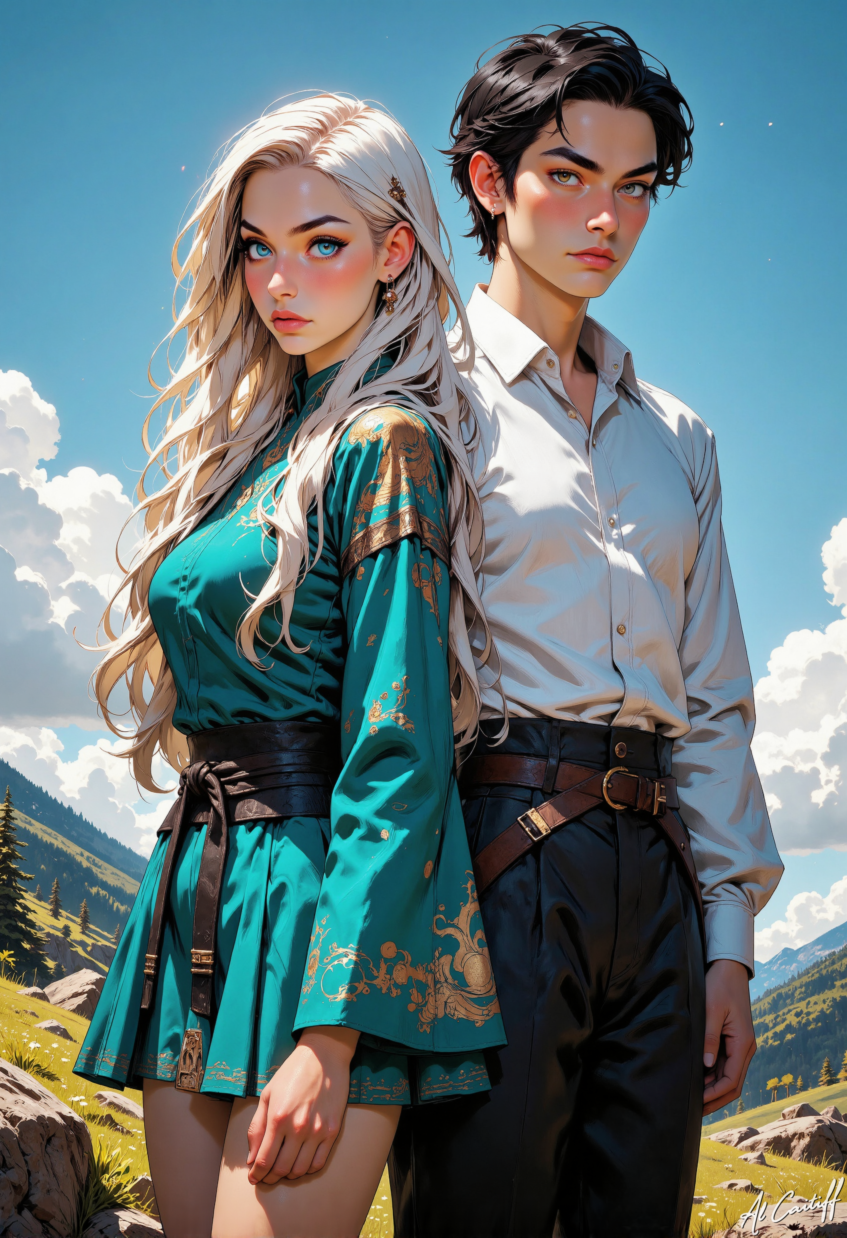 A warm golden light pours in from a low-angle sun, casting a long shadow behind two figures standing in a serene landscape. A slender woman with long, curly silver hair and piercing emerald eyes wears a flowing, intricately patterned turquoise and silver kimono, adorned with golden accents. She stands beside a tall, lean man with jet-black hair and piercing sapphire eyes, clad in a crisp, high-collared white shirt with billowy sleeves and intricately embroidered dark blue and silver hakama. The woman holds a delicate, ornate fan, while the man grasps a slender, ornate sword at his side, its blade glinting in the sunlight., Niji Stan Katayama Style, Realistic anime style, MysticComic, comic book style<lora:Flux/Niji_B_anime.safetensors:0.5000000000000001:0.5000000000000001> <lora:Flux/Anime realistic V1.safetensors:0.5000000000000001:0.5000000000000001> <lora:CustomFlux/MysticComic.safetensors:0.6000000000000001:0.6000000000000001>
