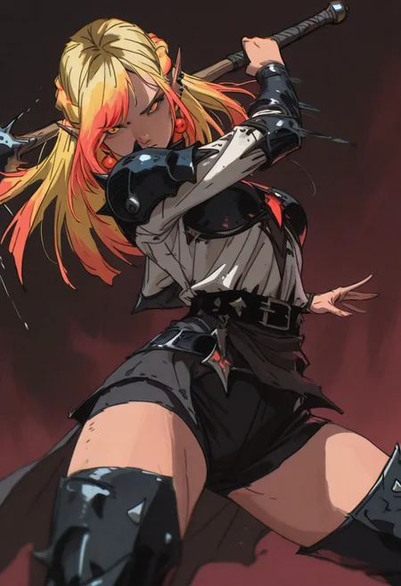 masterpiece, amazing quality, absurdres, 4ur4_illu, fl4tgr1t, sketch, dark_fantasy_style, dark fantasy, retro,
(Girl:0.0), 1girl, (solo), yellow hair, half up braid, straight hair, multicolored hair, swept bangs,
orange eyes, ultra-detailed anime eyes, round eyes, pointed ears, earrings, ear piercing, breasts,
dark spiked armored outfit, white shirt, black shorts, black belt, thigh-high boots,
(Pose:0.0), ((looking at viewer)), standing, (swinging mace), motion blur,
(Emotion:0.0), determined, serious,
(Scene:0.0), cowboy shot, dutch angle, from front, dynamic pose, simple background, depth of field, foreshortening,