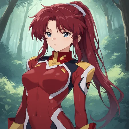 socre_9, score_8_up, score_7_up, (masterpiece, best quality:1.4), 1girl, 20yo, flay allster, solo, source_anime \(gundam seed\), dark red hair, blue grey eyes, ponytail, red pilot suit, stands up, forest,