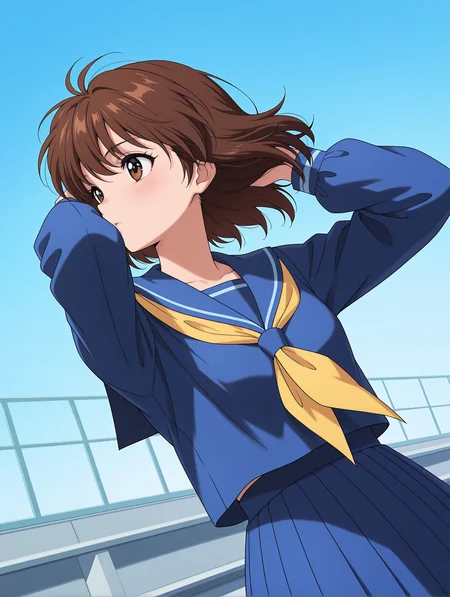 masterpiece,best quality,newest,
1girl,solo,
<lora:yukimura_keiko_ilxl_v1.1:1>,y_keiko,brown eyes,bangs,brown hair,short hair,
k_clothes,blue sailor suit,long_sleeves,blue shirt,yellow neckerchief,blue long skirt,
<lora:Fixhands_anime_bdsqlsz_V1:1>,looking at viewer,simple background,upper_body,looking_at_viewer,profile,dynamic_angle,cinematic_angle,dutch angle,cowboy_shot,front view,light_blush,rooftop,blue sky,looking ahead,hands in hair,floating hair,