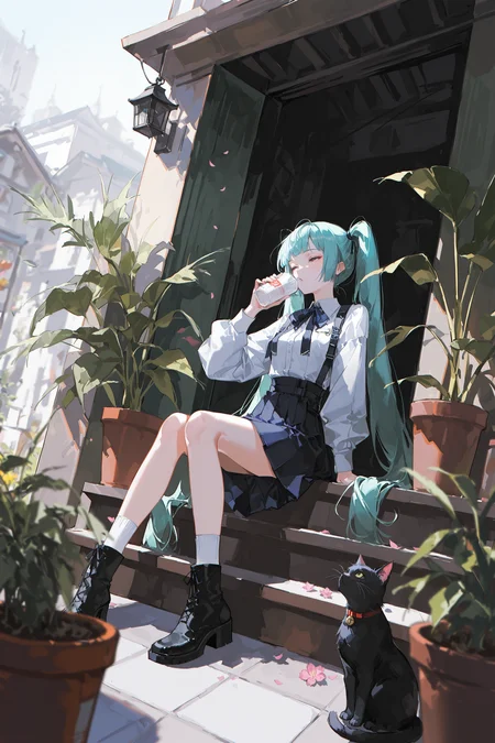 (quasarcake:0.8), (reoen:0.8), arutera, soresaki, best quality, masterpiece, very awa, absurdres, sanbonzakura, (askzy:0.8), dynamic pose, dynamic angle, <lora:nhl-001:0.4>, nhl-001,<lora:ponyv4_noob1_2_adamW:0.33>, <lora:96YOTTEA-WAI:0.6>,<lora:yoneyamaiXLNBVP1lokrV6311PZ:0.6>,
cat, long hair, 1girl, plant, potted plant, flowers, twintails, very long hair, black cat, wide shot, aqua hair, skirt, black footwear, drinking, holding, outdoors, sitting, good composition
