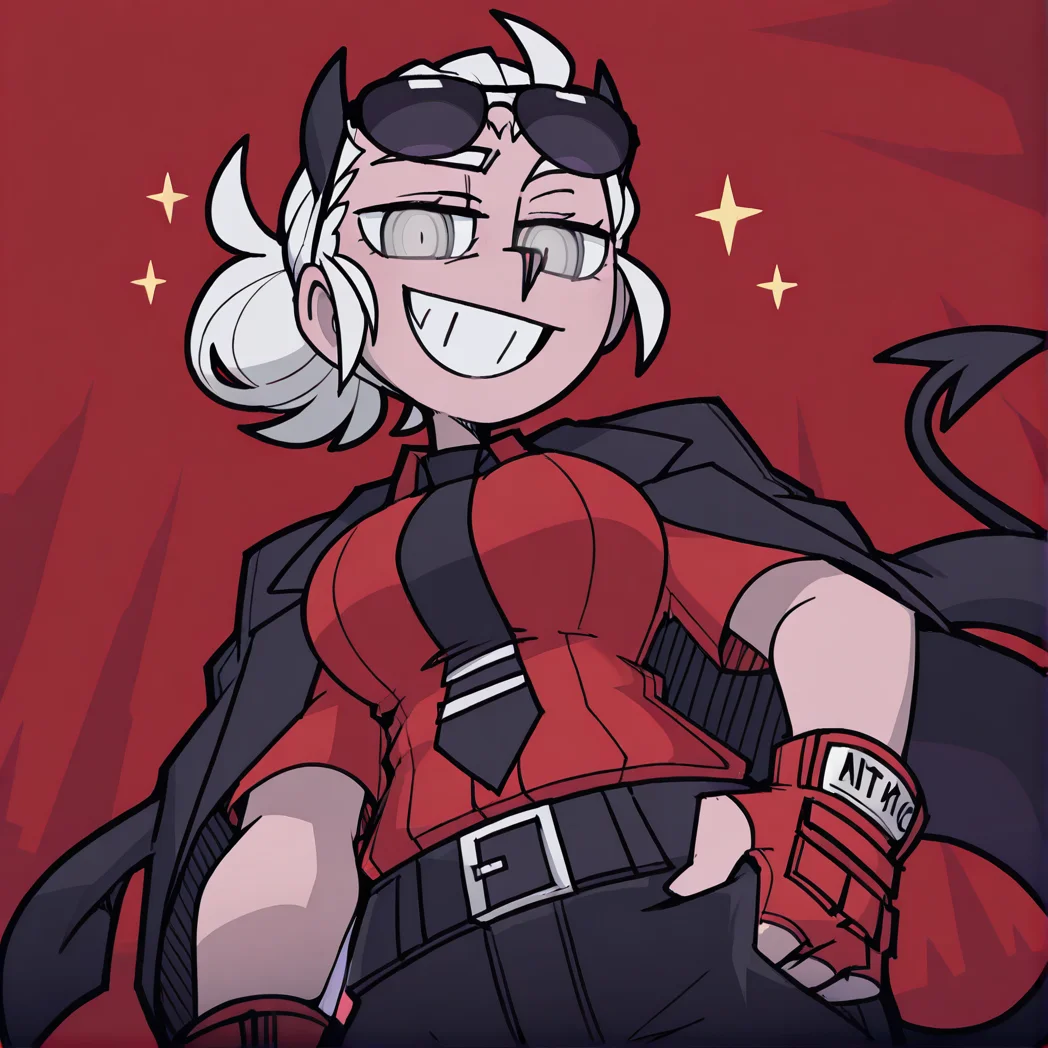 masterpiece,best quality,absurdres,highres, ,<lora:VanripperIllustriousXL_byKonan:1>, vanripper, <lora:Justice_Helltaker:0.8>, justicetaker, horns, shirt, gloves, 1girl, jacket, solo, sunglasses, red gloves, necktie, red shirt, fingerless gloves, tail, demon tail, jacket on shoulders, black necktie, demon girl, white hair, pants, black pants, eyewear on head,ponytail, from_below, smile, teeth, red background