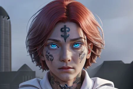 bright red hair, human female, (feminine:1.7), (beautiful face, detailed face:1.6), (beautiful eyes, detailed eyes:1.7), (looking at viewer, eye contact, intense:1.6), (long hair, red hair, curly hair:1.3), , ((masterpiece, best quality, high resolution, realistic, best quality,)), photo realistic, Perfect Face, (detailed face). <lora:GoodHands-vanilla:0.6> <lora:add-detail-xl:0.8>, mage, (Dress White military uniform coat), dagger, rune dagger, glowing runes, , (((glowing magic symbols tattoos, religious tattoos))), ((face tattoos)), glowing tattoos, stone tower in the background