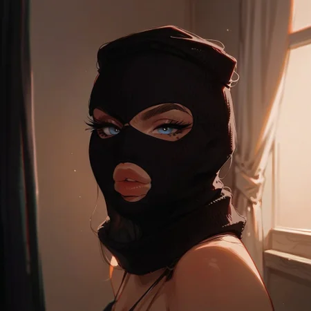 score_9, score_8_up, score_7_up, score_6_up,
rating_explicit, 1woman, sexy thief, black mask, threeholkn1tskimask, big natural lips, thick eyelashes, light-blue eyes, looking at viewer, naughty, closet mouth, from side, close-up, focus on eyes