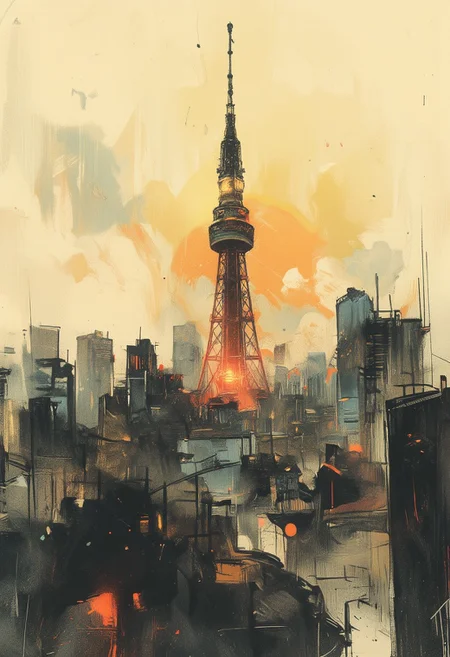 OBxiaoxiang, Special Ink-drawing mode, Mh1$AgThS2, intricate linework with expressive contrasts, inksketch in red and black of a Tokyo cityscape, Tokyo Tower rising into the sky, sunset