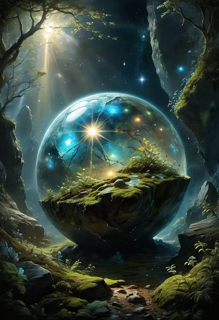 earth magic rugged, floating boulder, covered in patches of moss and small plants, emanating deep resonant hum, breathing, with veins of glowing minerals tracing patterns like ancient runes, atmospheric lighting, famous artwork by (alois arnegger:1.4) and (adolph von menzel:1.3) and (john constable:1.2) and (alan pollack:1.2), (dramatic scene:1.4), (fractal art:1.1), detailed expressive eyes, fantasy style, dynamic angle,
(iridescent,metallic,unusual,powderblue,variable star,celestial motion,feldspar,chrono displacement print,celestial sphere,spellbinding magic:1.0), crouching on the ground, looking up, Surprised, Wide-open eyes, a raised brow, and an open mouth.
<lora:zavy-cntrst-sdxl:1> <lora:MJ52:.3> <lora:add-detail-xl:1> <lora:great_lighting:3> great lighting
