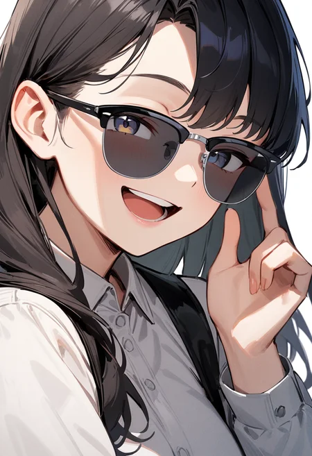 masterpiece, best quality, very aesthetic, absurdres,
1girl, solo, black hair, long hair,
sirmont, sunglasses, grey-tinted eyewear, black-framed eyewear, grey-framed eyewear, two-tone eyewear,
collared shirt, happy, smile, looking at viewer, adjusting eyewear, white background, simple background,
<lora:sunglasses_CLUBMASTER_SDXL_V1:1>
