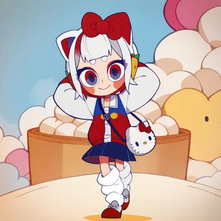 score_9, score_8_up, score_7_up BREAK HKGrl, 1girl, white hair, white bob cut, red gray eyes, pink cheeks, red hair bow, apple hairclips, white red cat ears, open white blue red yellow-button jacket, white buttoned undershirt, pleated dark blue skirt, long loose socks, red white shoes, full body, smiling at viewer, hello_kitty bag, hands behind head,