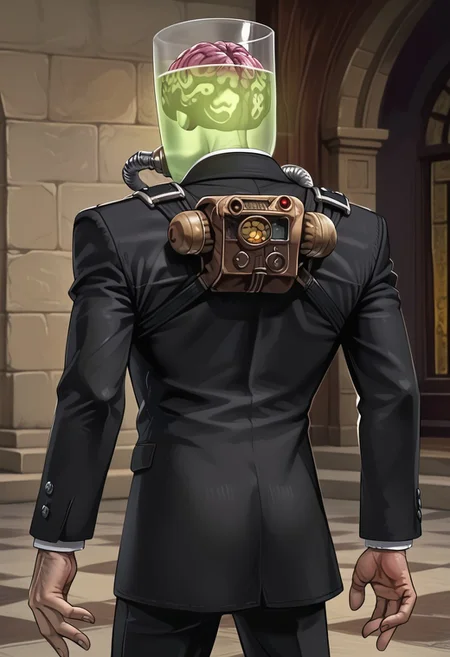 Detailed, masterpiece,  back view,  dhfred , black suit, 1boy, crossing fingers behind back , solo