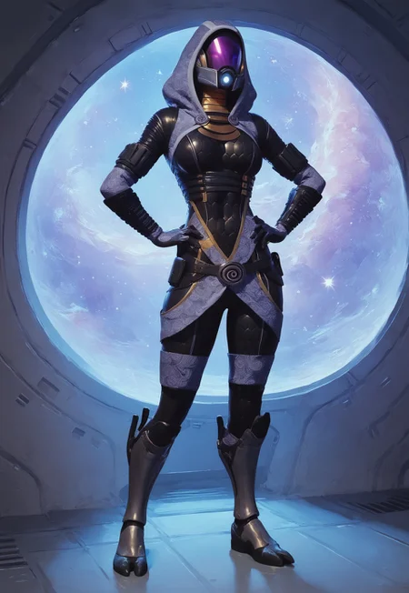 score_9, score_8_up, score_7_up, ultra quality, concept art, detailed, score_9, score_8_up, score_7_up, ultra quality, score_9, score_8_up, score_7_up, ultra quality, 1girl, Talixl, alien, hooded, helmet, visor, mouthless, exosuit, multicolored exosuit, black bodysuit, purple bodysuit, honeycomb print, full body, leg armor, hands on hips, window, space background, nebula, window