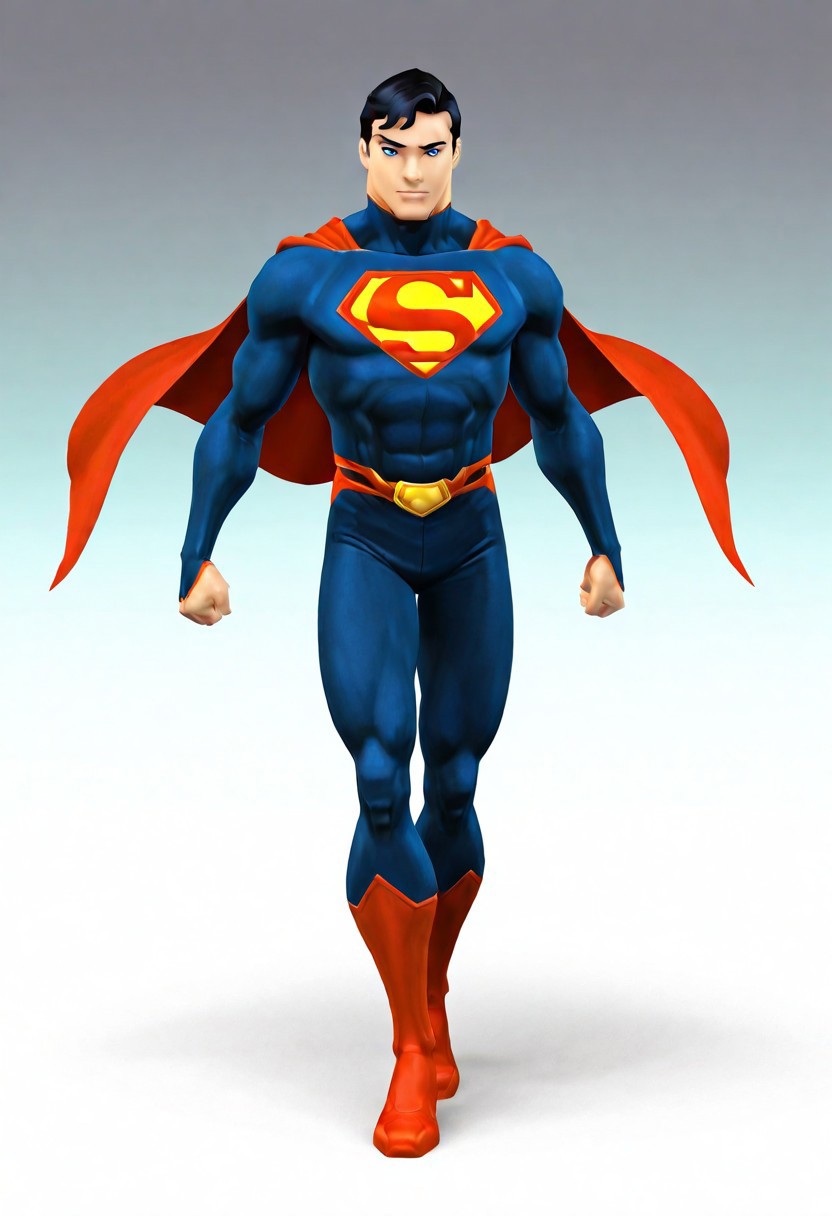 superman_jlw, western comics (style), male focus, black_hair, 1boy, red cape, ssbbstyle, 3d, game model, gradient background, shadow, full body, detailed