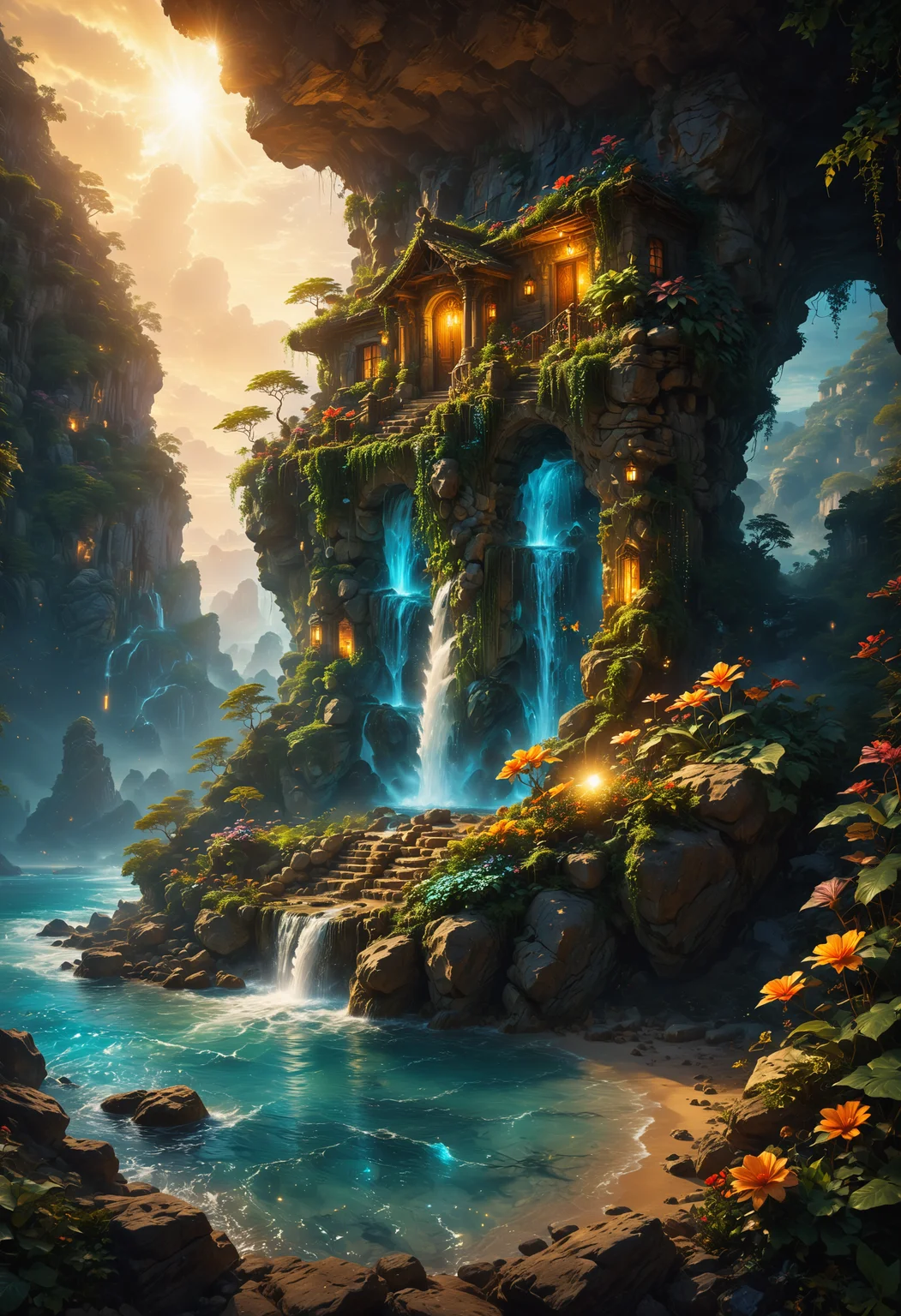 Legend of Zelda style style by Bec Winnel,best quality,high resolution,8k,low-angle,sunset,intricate luminous,vivid light-ray ethereal fantasy concept art of the luxury man's cave cabin detailed limestone,rocky beach-fontain park floral enchanted artistic glowing background,detailed oasis . magnificent, celestial, ethereal, painterly, epic, majestic, magical, fantasy art, cover art, dreamy inspired by andre kohn, RAW photo, (high detailed skin:1.2), 8k uhd, dslr, soft lighting, high quality, film grain, Fujifilm XT3, ultra quality, ultra detailed, intricate details, 8k, epic realistic, ultrarealistic, cinematic, octane, golden hour, moody lighting, night time, shadow, dark shot, cinematic light, tilt-shift, Bokeh, high contrast, realistic gritty photo . Vibrant, fantasy, detailed, epic, heroic, reminiscent of The Legend of Zelda series<lora:SDXLFaeTastic2400:1><lora:SDXLFaeTastic2400:1>