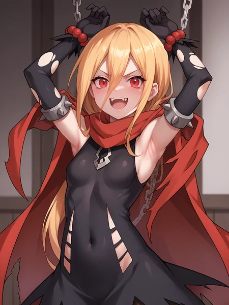 score_9, score_8_up, score_7_up, score_6_up, score_5_up, score_4_up, black_short_dress_brown_pantyhose, Evileye, looking_at_viewer, small_breasts, solo, open_mouth, frown, smile, happy, upper_teeth_only, fangs, red_bracelet, bead_bracelet, black_gloves, elbow_gloves, broken_chain, cuffs, shackles, red_cloak, torn_cloak, detached_sleeves, sleeveless_dress, torn_dress, covered_navel, arms_up, armpits, upper_body, indoors, <lora:Evileye_V1.5(SDXL):1> <lora:hand 4:1>, Hand, detailed, perfect, perfection, hands,