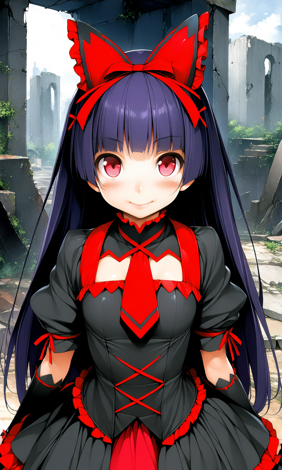 1girl, rorymercury, black dress, frilled dress, frills, 
upper body, straight-on, 
outdoors, ruins, 
masterpiece, best quality, very aesthetic, absurdres, by ishikei, 
<lora:RoryMercury_xl:1>